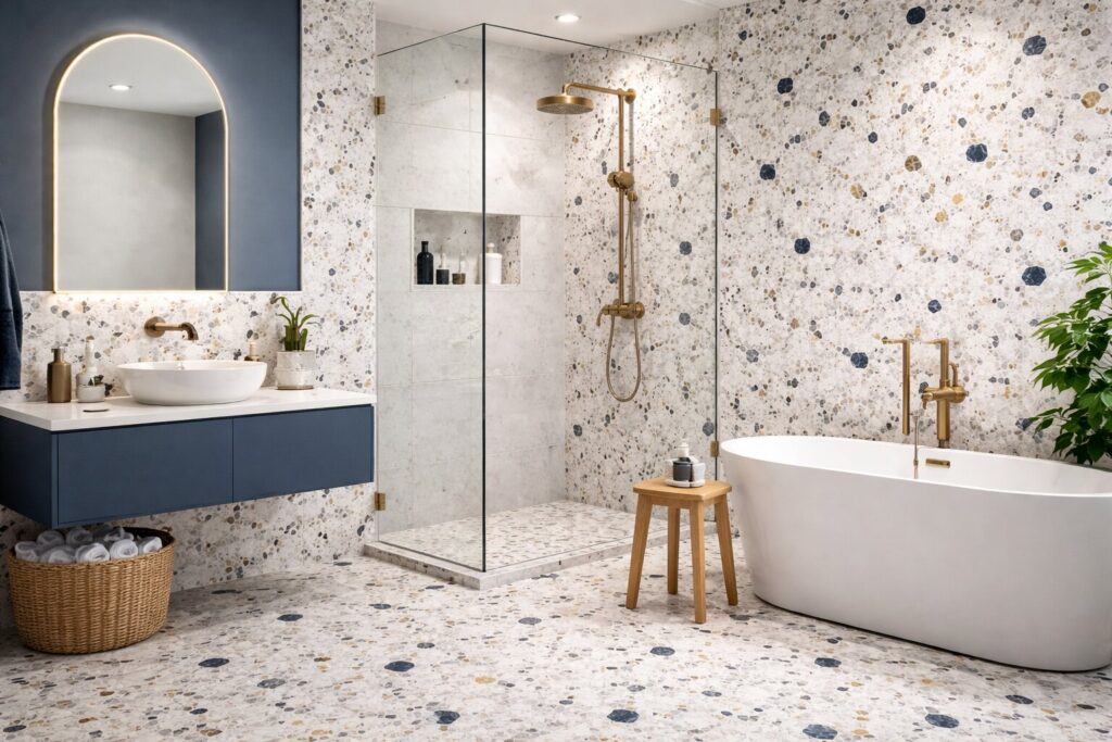 terrazzo vloer badkamer, terrazzo