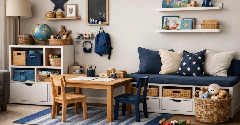 Een speelhoek in de woonkamer met slimme opbergruimte als stijlvolle en praktische oplossing